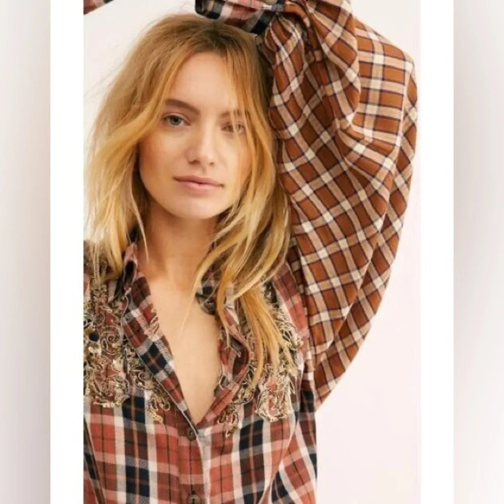 Free People Snow Mountain Top in Copper Plaid Sequin Beaded Shirt Long Sleeve